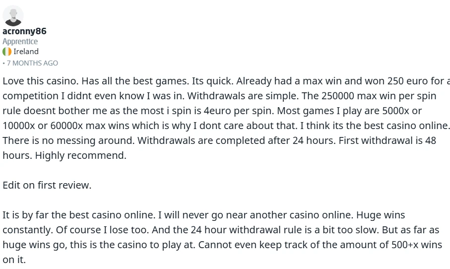 a player review about 21casino detailing their experience