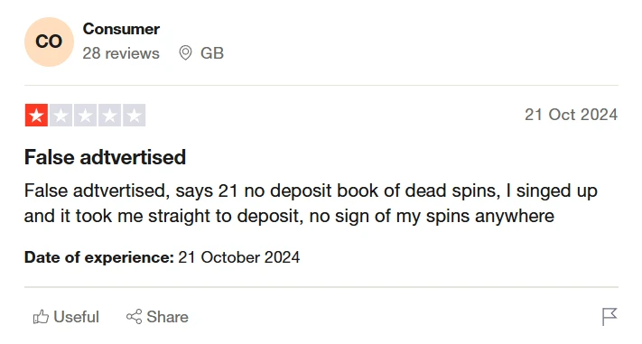 a review about 21casino on trustpilot