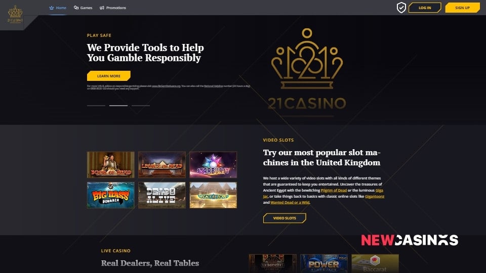 a screenshot of the homepage of 21casino