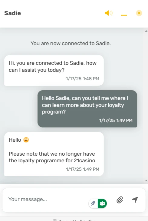 my live chat conversation with Sadie at 21casino about their loyalty program