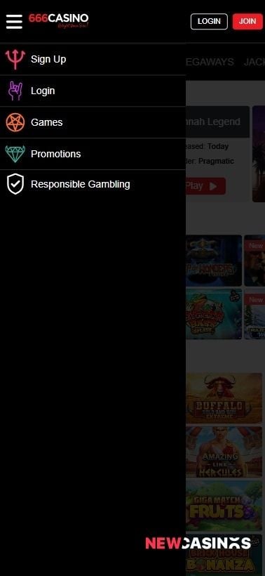 screenshot of the menu at 666 casino as seen on mobile