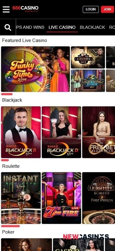 screenshot of the category 'live casino' in the game lobby at 666 casino