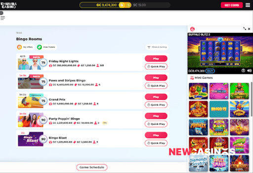 a screenshot showing the bingo rooms at chumba casino