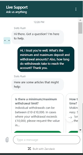 screenshot of live chat at slots rush