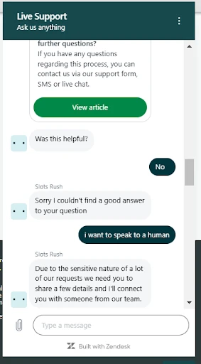 a screenshot of the conversation on live chat at slots rush casino 