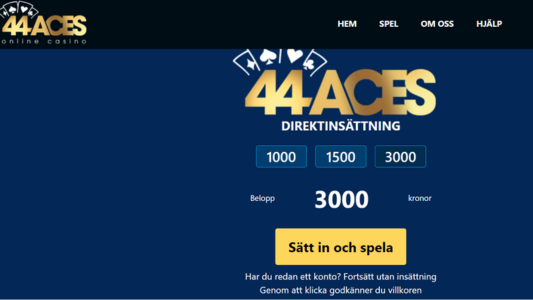 Text i guld, kortlek och en gul knapp hos 44Aces Casino