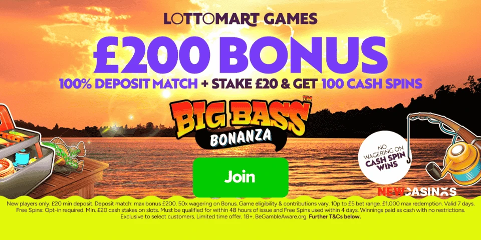 lottomart new exclusive welcome bonus : 100% up to £200 + stake £20 & get 100 cash spins