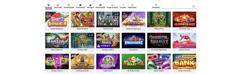 Kuvankaappaus Boost Casinon peliaulasta, esillä pelivalikot ja 18 peliautomaatin kuvakkeet