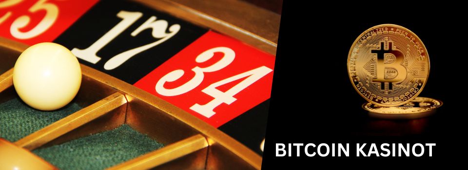 Bitcoin kasinot, kuvassa rulettipyörä ja bitcoin kolikot