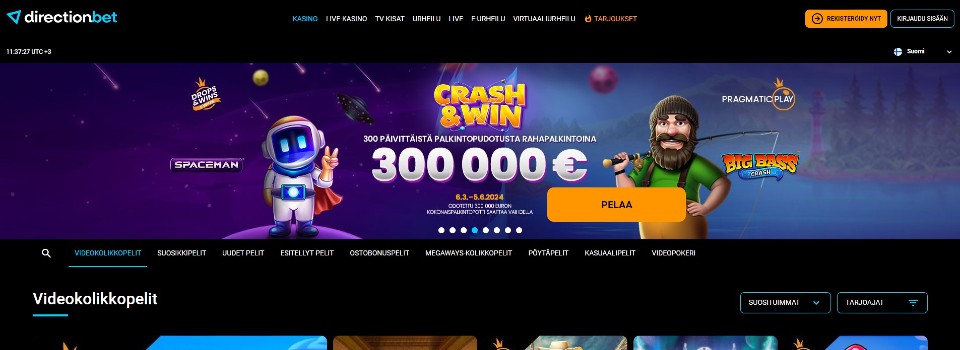 Kuvankaappaus DirectionBet Casinon etusivusta, esillä Crash & Win -kampanja ja peliautomaattien kuvakkeita
