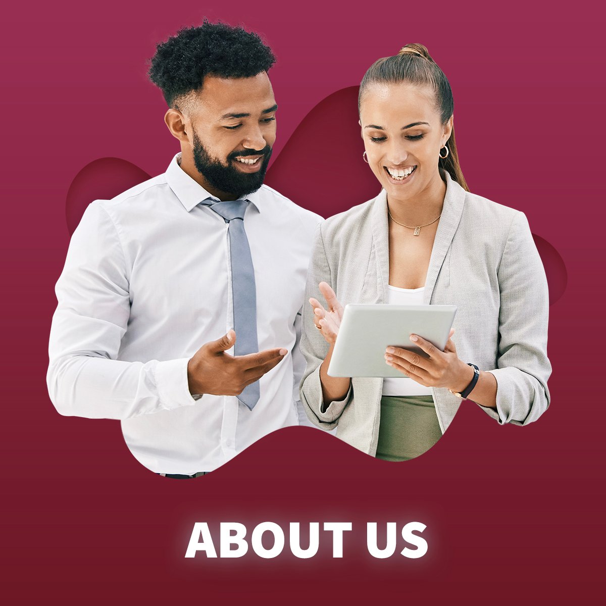 a man and a woman looking at a tablet whilst smiling, with a caption 'about us'.