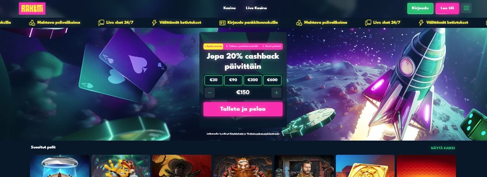 Kuvankaappaus Raketti Kasinon etusivusta, esillä 20 % päivittäinen cashback ja raketti avaruudessa