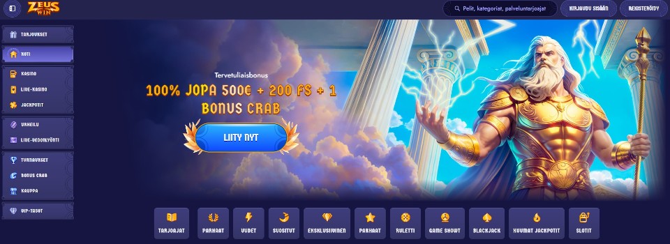 Kuvankaappaus ZeusWin Casinon etusivusta, esillä tervetuliaisbonus ja Gates of Olympus -pelin hahmo