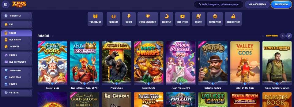 Kuvankaappaus ZeusWin Casinon peliaulasta, esillä pelivalikot ja 8 parhaan peliautomaatin kuvakkeet