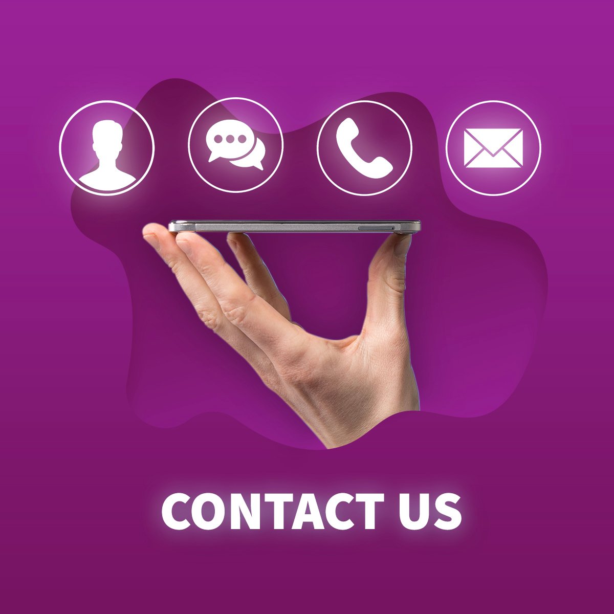 a hand holding a mobilie phone with floating icons above of contact methods, with the caption contact us.