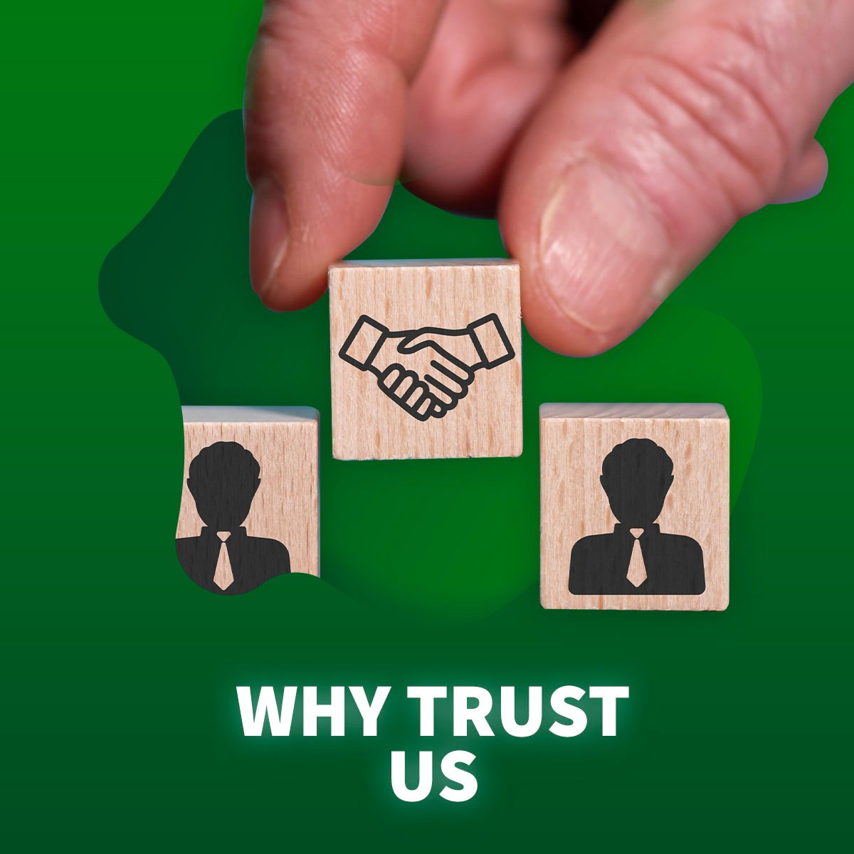 a hand holding building blocks, with a caption 'why trust us'.