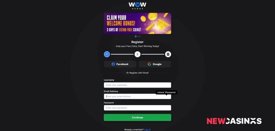 wow vegas sign up form