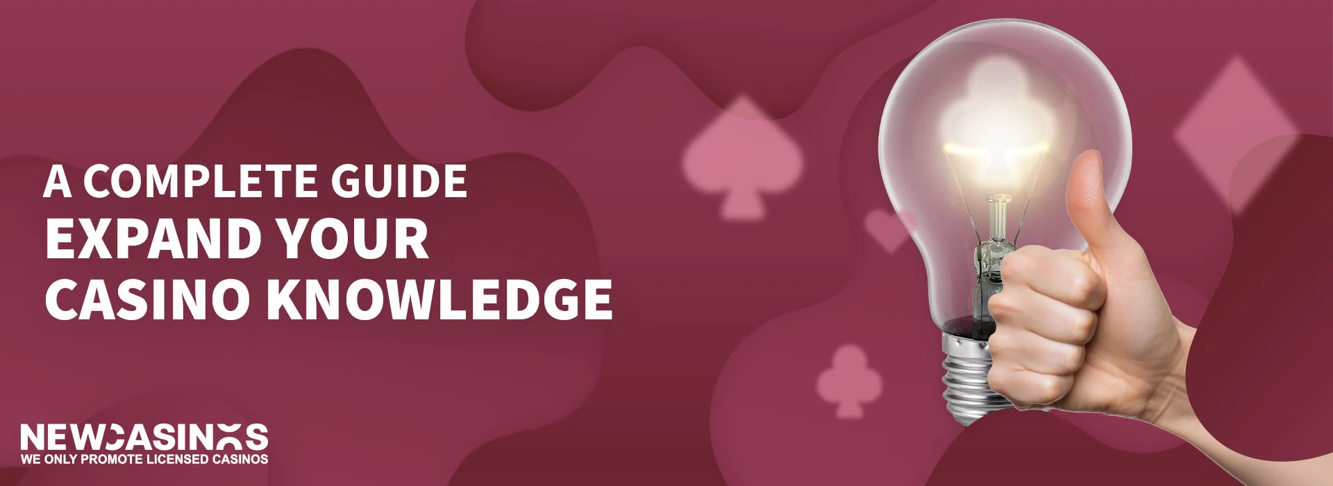 a light buld behind a hand doing a thumbs up, with the text ''a complete guide: expand your casino knowledge''