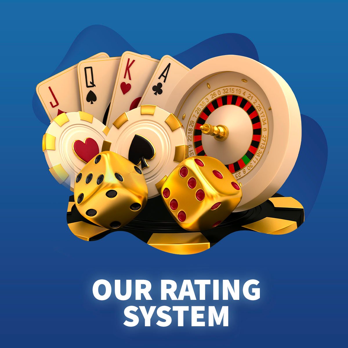 floating icons of casino chips, die, roulette wheel, and cards with text 'our rating system'