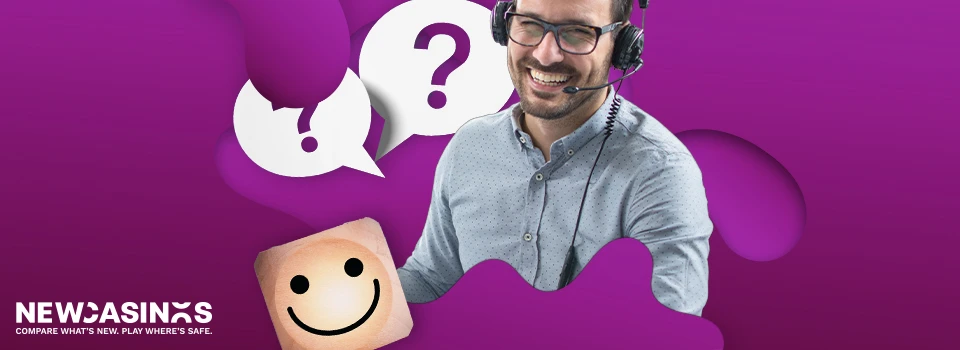 man wearing headset, with a question mark icon and smiling icon.