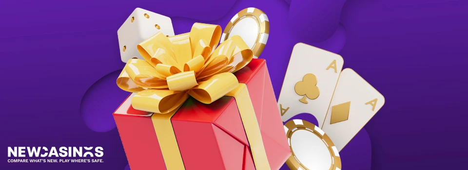 Red box with a gold bow, with floating cards and casino chips behind it on a purple background.