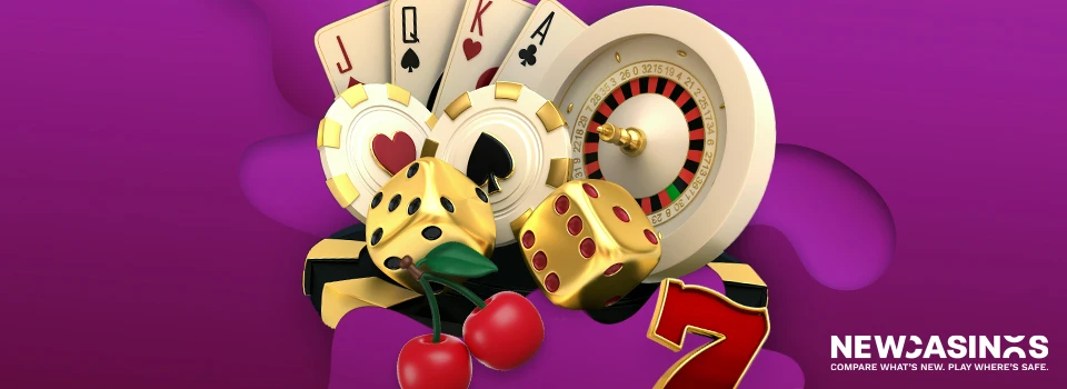 An assortment of dice, casino chips, cards, and rouletter wheel floating, on a purple background.