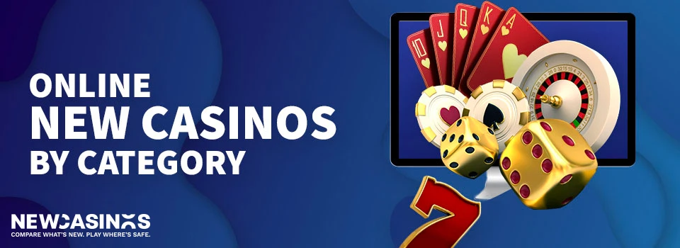 casino related icons and text 'online new casinos by category'