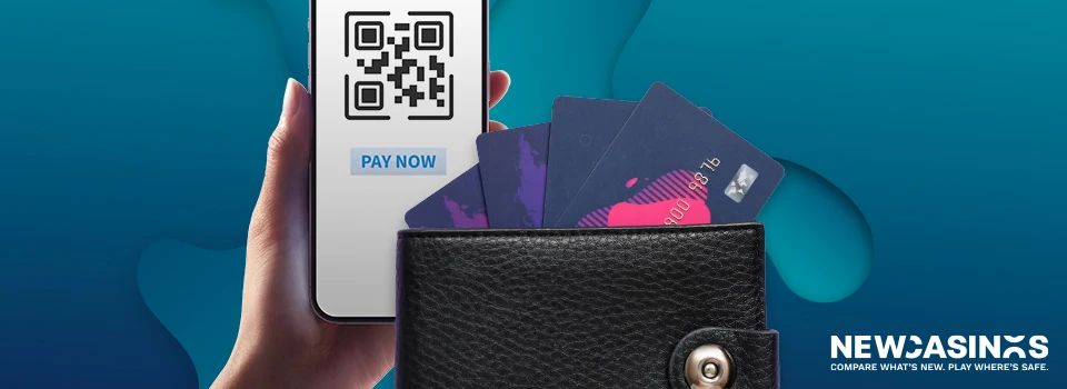 phone with qr code and 'pay now' on the screen, next to a wallet with debit cards coming out.