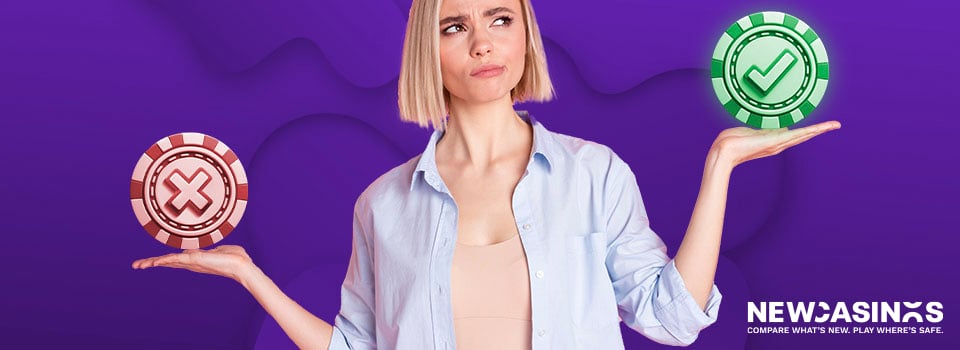 woman with a puzzled look on her face, balancing a green tick and red cross.