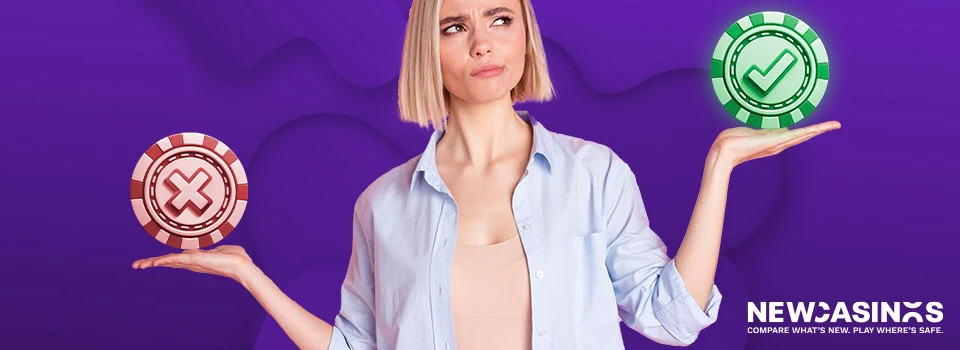 woman with a puzzled look on her face, balancing a green tick and red cross.