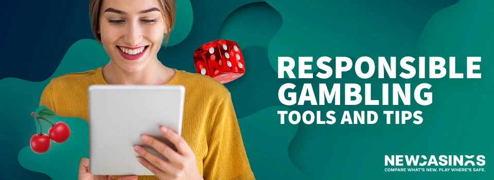 a woman smiling at her table with 2 floating red dice icon surroung her, and text 'responsible gambling tools and tips'