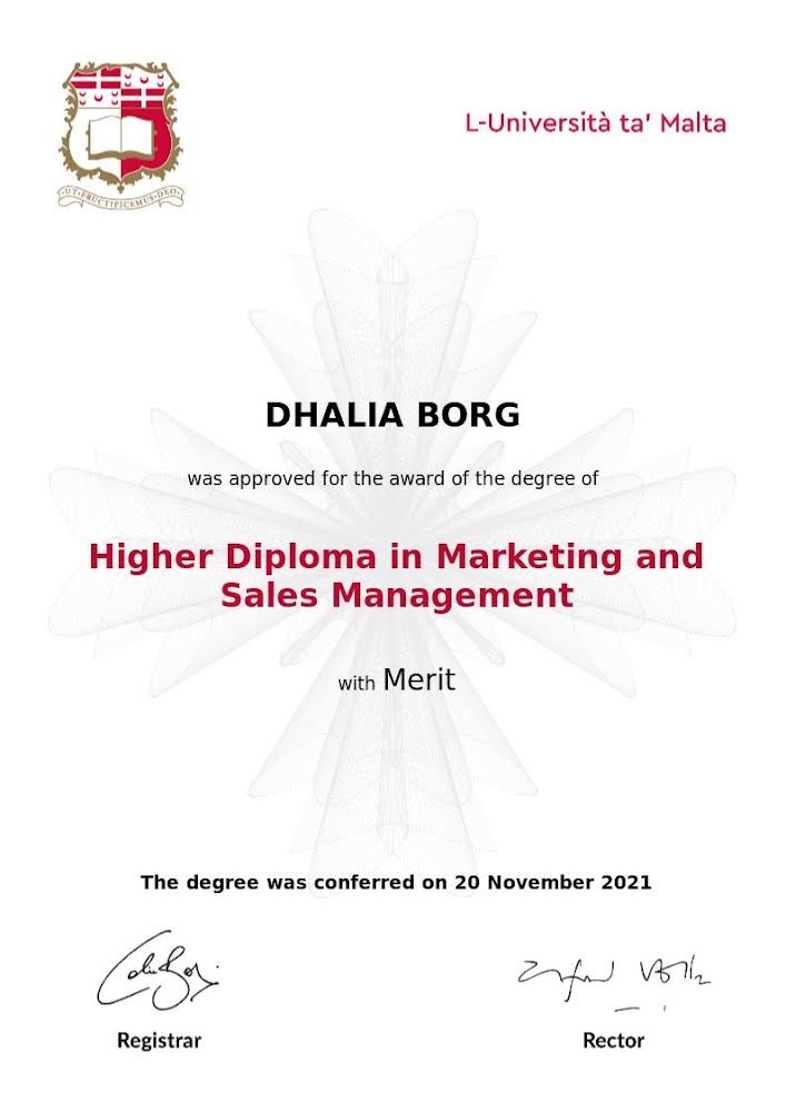 dhalia borg certificate for higher diploma in marketing and sales management