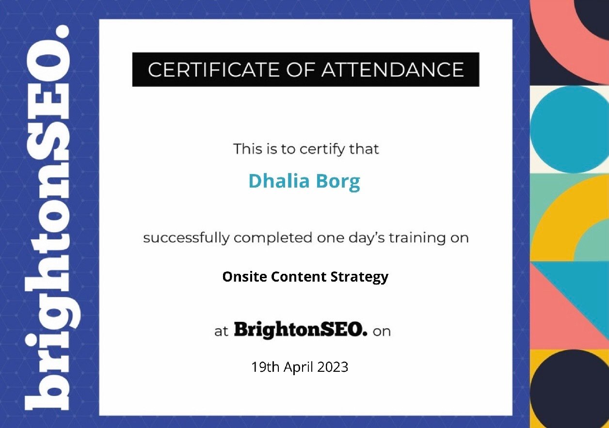 dhalia borg certificate for onsite content strategy brightonseo