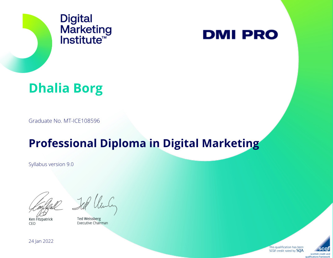 dhalia borg certificate professional diploma in digital marketing