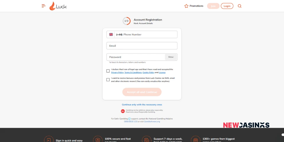luck casino registration form