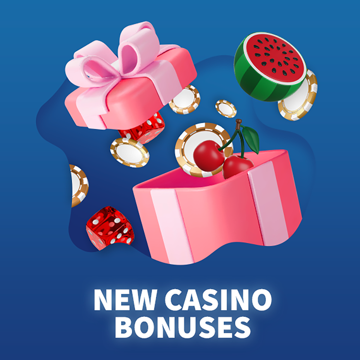 an open gift wrapped parcel with casino related icons coming out, with the text new casino bonuses