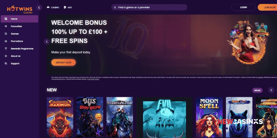 a screenshot of the homepage of HotWins casino