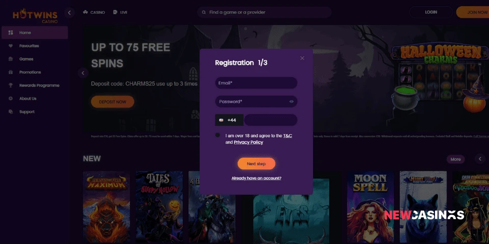 a screenshot of hotwins casino registration form