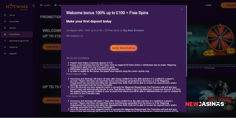 a screenshot of hotwins casino welcome bonus and terms