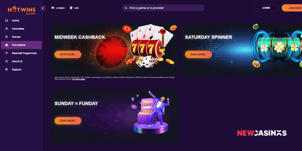 a screenshot of some of the bonuses offered by hotwins casino