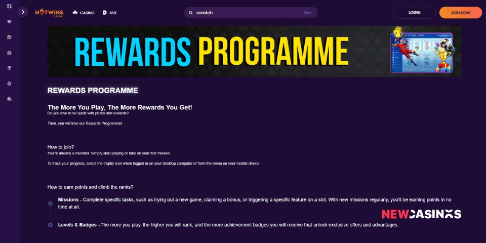 a screenshot of hotwins casino loyalty program called rewards programme