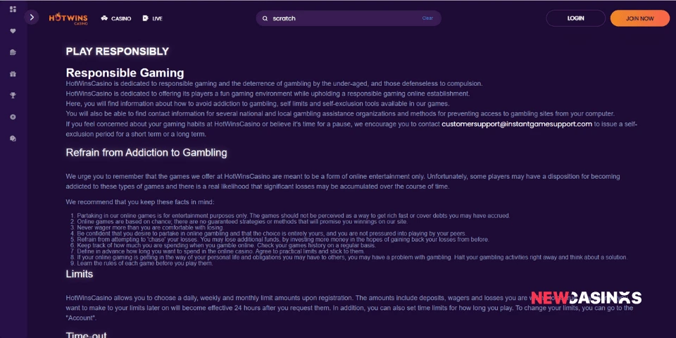 a screenshot of hotwins casino play responsibly program