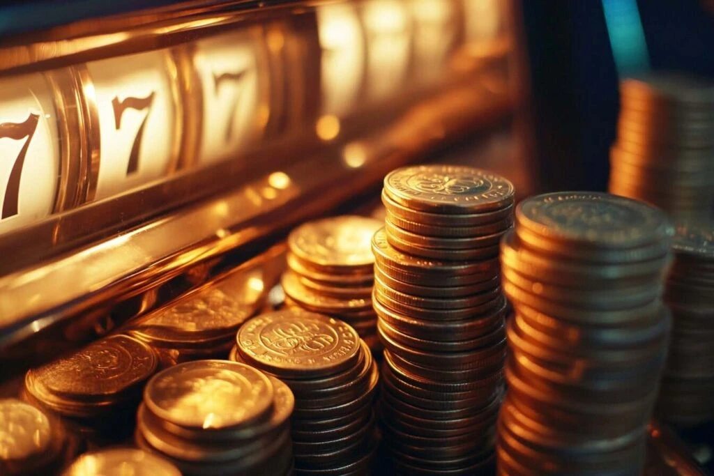 Golden Coins Stacked by a Slot Machine