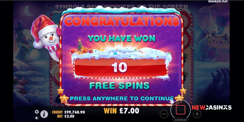 screenshot of a win of 10 free spins during sweet bonanza xmas