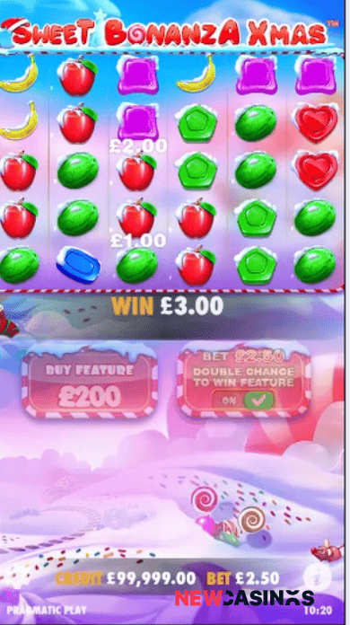 screenshot of sweet bonanza xmas slot win with double chance to win feature on