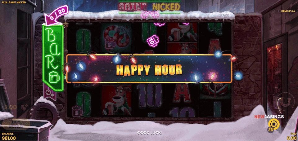 screenshot of saint nicked slot game happy hour feature