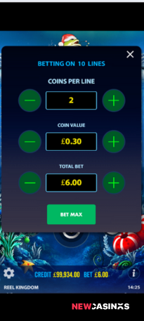 screenshot of christmas big bass bonanza bets settings during gameplay on iphone