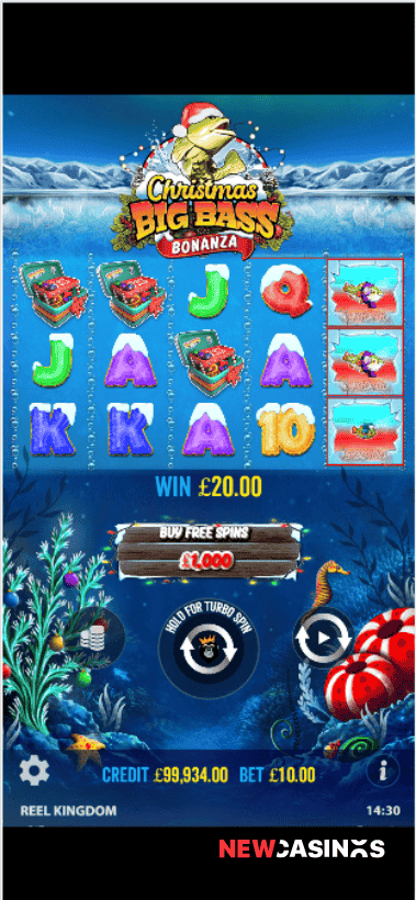 screenshot of christmas big bass bonanza slot game on android/ samsung