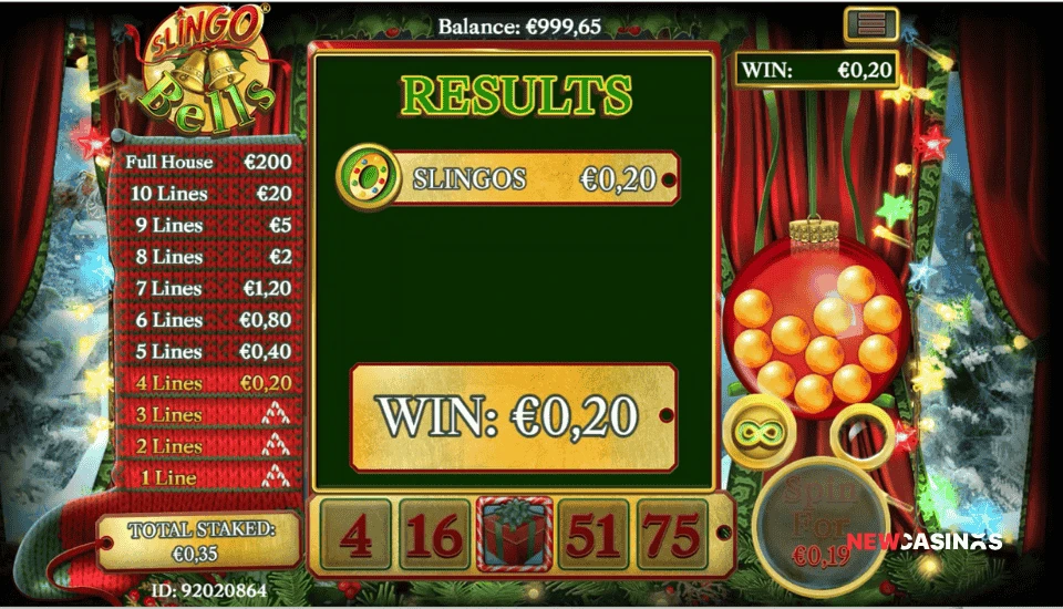 screenshot of slingo bells gameplay results