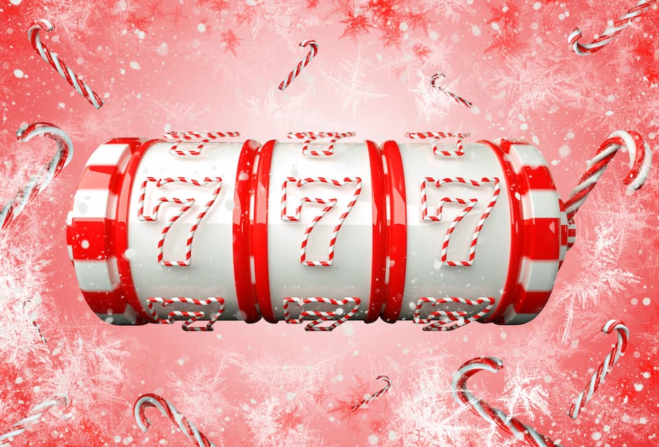 Red And White Christmas / New Year Casino Concept Background. Slot Machine With Candy Canes And Snow Flakes